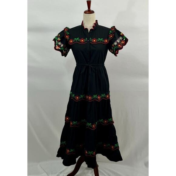 CELIAB Celia B Sz S Small Black Red Green Embroidered Bora Bora Shirt Dress Midi - Picture 7 of 11
